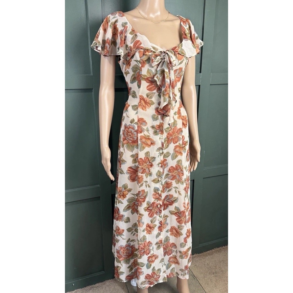 Paris Blues VTG 90s Floral Maxi Dress Sz 11 Cream Button Front Sheer Prairie